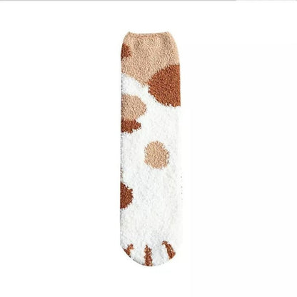 1 pair of plush coral fleece socks female tube socks autumn and winter cat claws cute thick warm sleeping floor sleep socks (4430457700448)